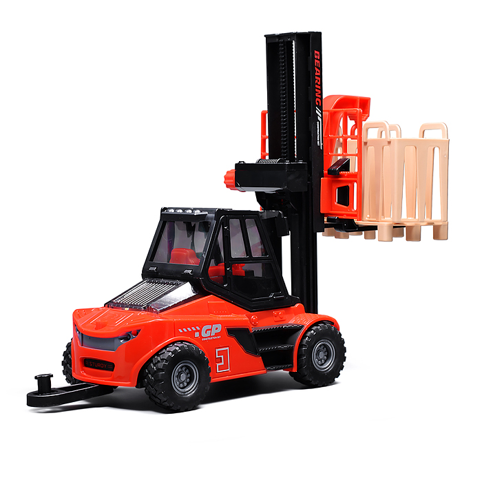 Погрузчик JS130Е с прицепом и цистернами (свет, звук) в коробке (красный)