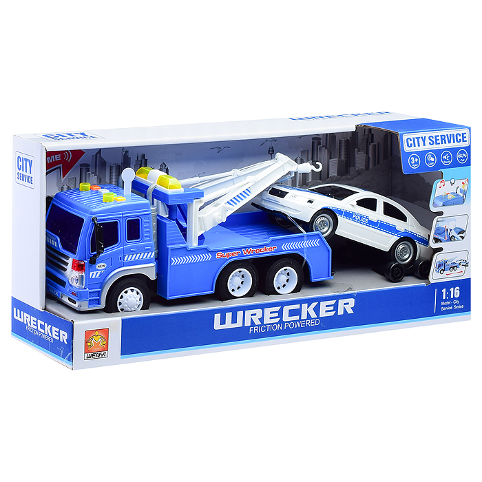 Машина WY570E "Эвакуатор" 1:16 (свет,звук) на батарейках, в коробке (синий)