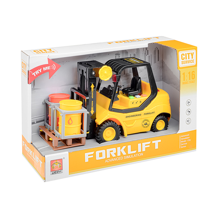 Машина WY692A "Погрузчик" с бочками и поддоном 1:16 (свет, звук) в коробке