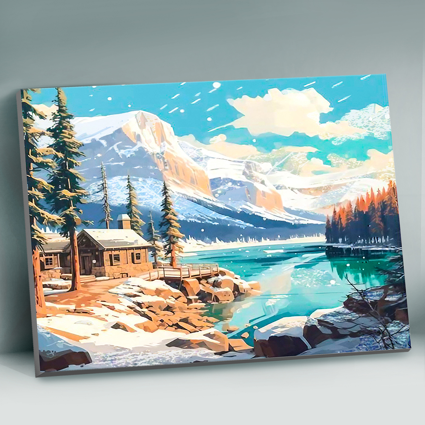 Картина по номерам 40х50 "Домик у горного озера" с поталью платина (26 цветов)