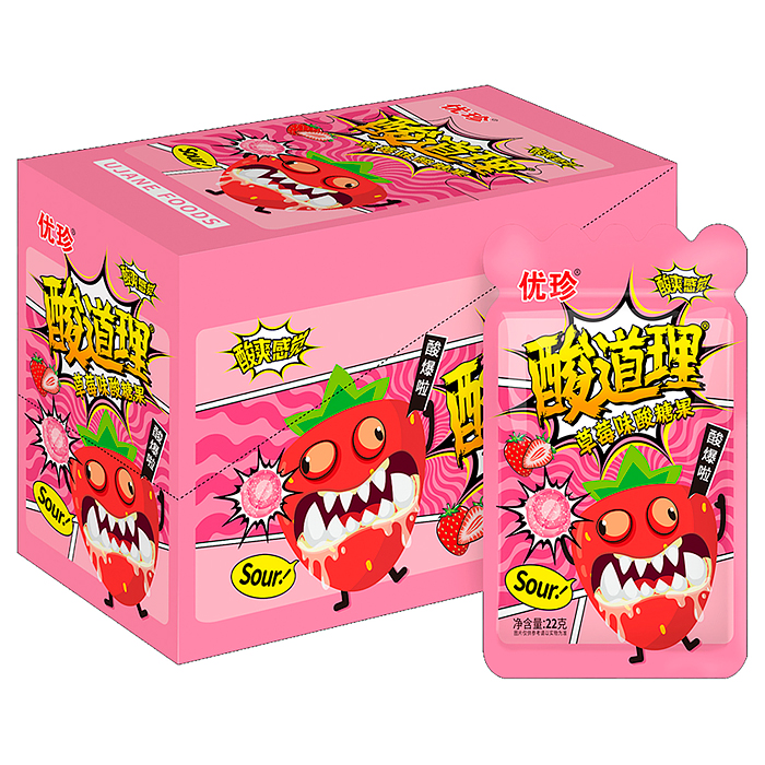 Леденцы кислые Sour Candy 22 г, в пластиковом пакете с подвесом, клубника