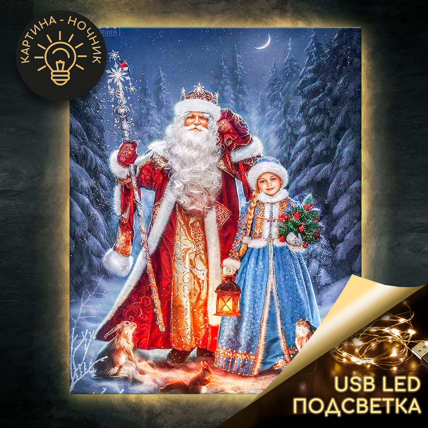 Картина по номерам 40х50 "Дед Мороз и снегурочка" USB LED подсветка (25 цветов)