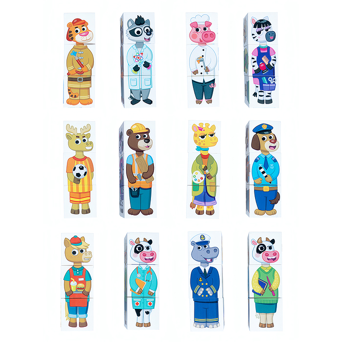 Кубики пластмассовые Умные кубики "Зверофессии" 6 шт (12 персонажей ) 