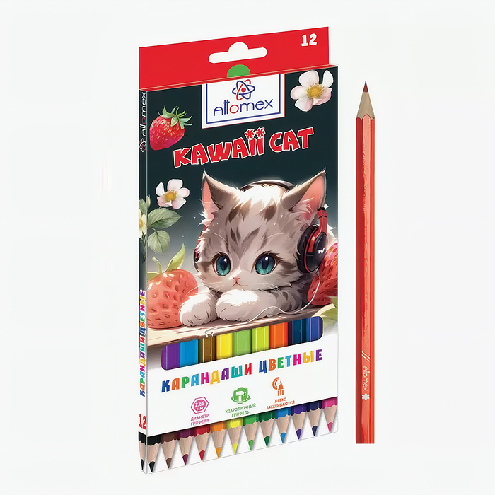 Карандаши цветные 12цв, пластиковые "Kawaii Cat" 2М, диаметр грифеля 2,65 мм, шестигранные