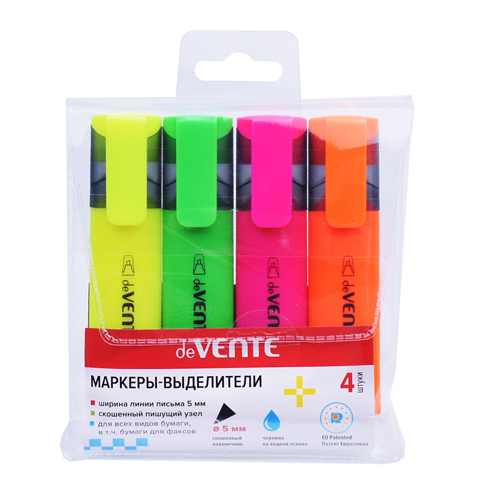 Набор маркеров-выделителей (04 цв - желт, зел, оран, роз) плоский корпус, скошенный наконе
