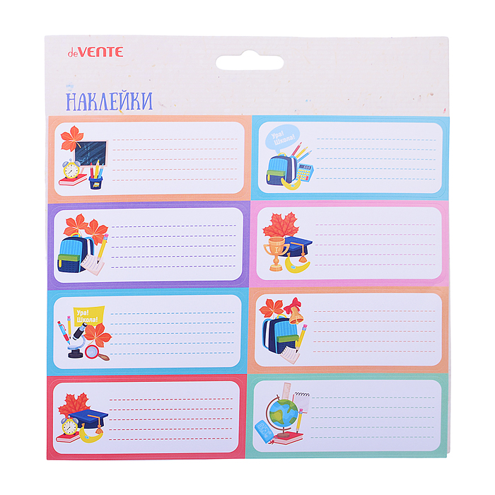 Набор наклеек для тетрадей "Снова в школу!" 40x96 мм, 8 дизайнов, в пластиковом пакете с бл