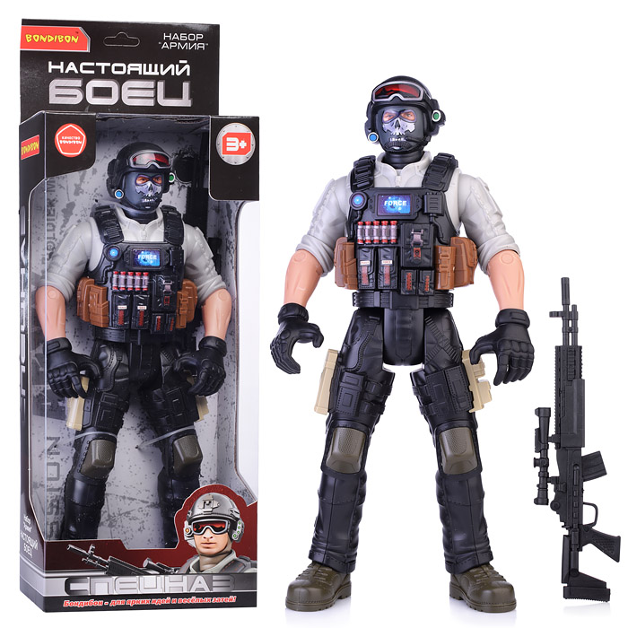 Солдат 31 см с оружием "Настоящий боец" BOX 40,5x15x6,5см, спецназовец в маске.