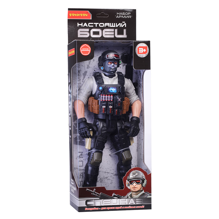 Солдат 31 см с оружием "Настоящий боец" BOX 40,5x15x6,5см, спецназовец в маске.
