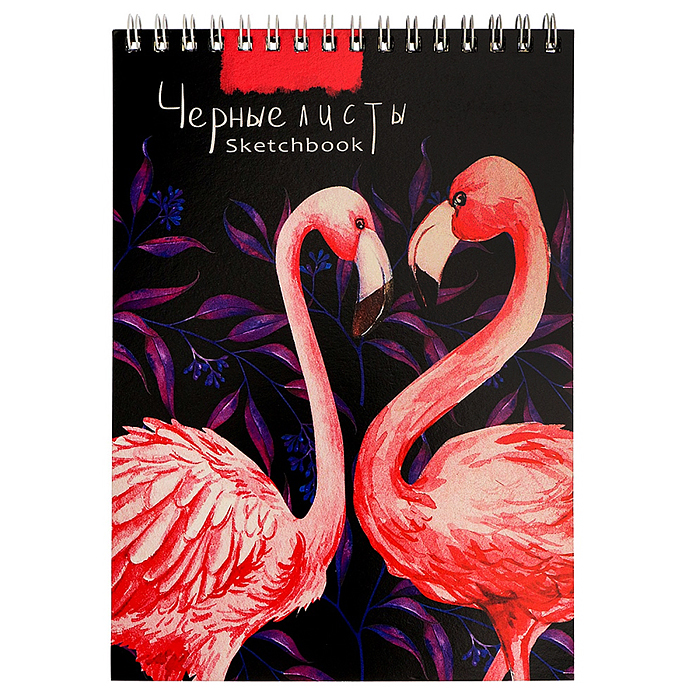 Скетчбук А5, 20л. "Контрастные фламинго" гребень, обл.мелов.картон, черный блок