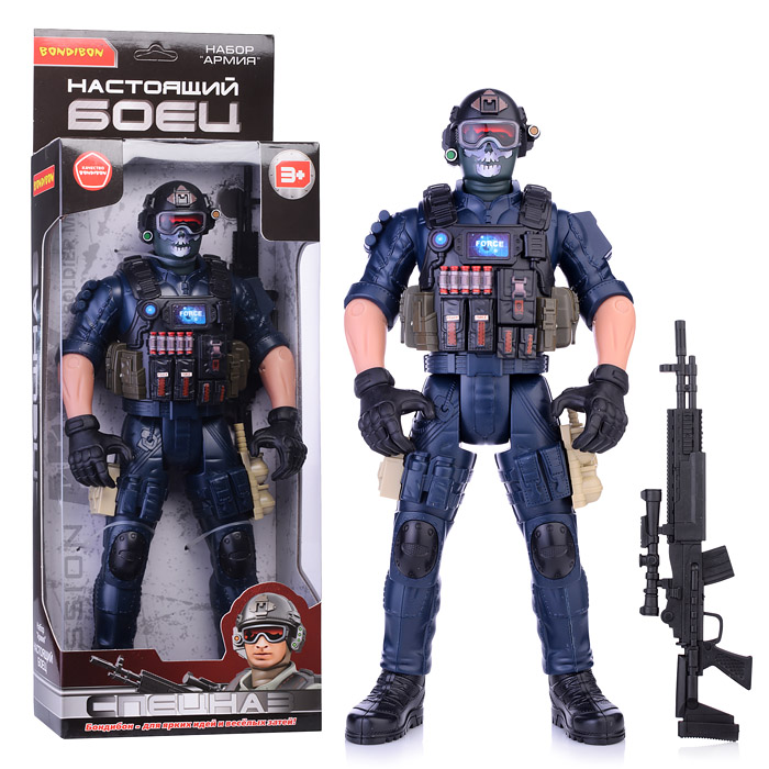 Солдат 31 см с оружием "Настоящий боец" BOX 40,5x15x6,5см, спецназовец в маске и очках