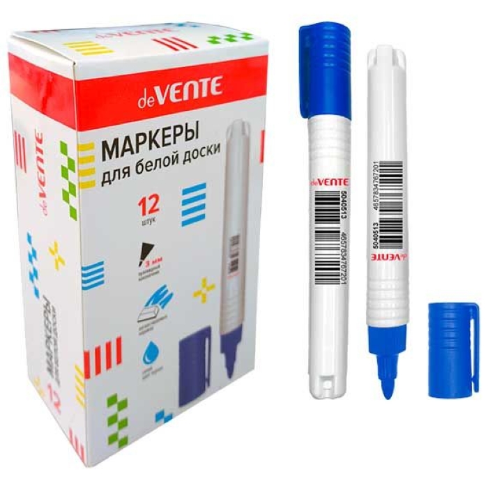 Маркер для белой доски синий (пулевидный наконечник), круглый корпус, колпачок с клипом, 3 мм,