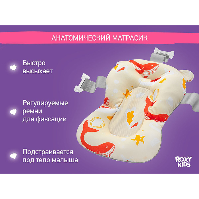 Ванночка складная с термометром и матрасиком "Киты", розовая