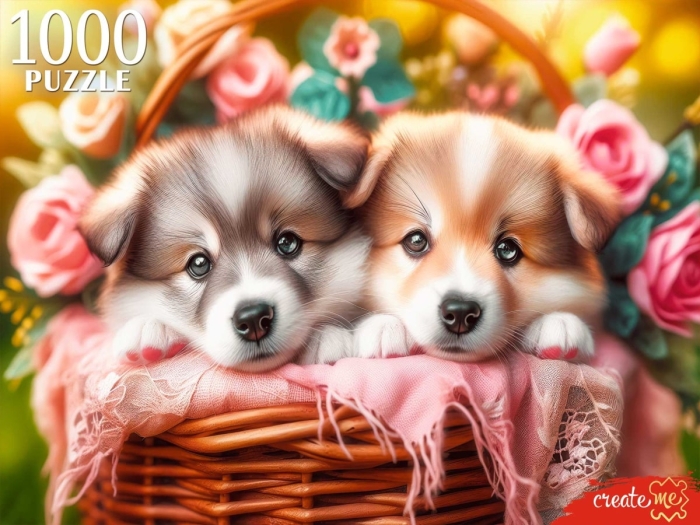 Пазлы 1000 "Два щенка в корзине"