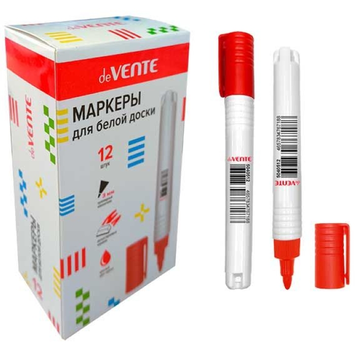 Маркер для белой доски красный  (пулевидный наконечник), круглый корпус, колпачок с клипом, 3 мм, 