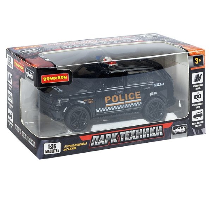 Машина метал. инерционная, М1:36, 3 открыв. двери "Парк Техники" джип полиции черный
