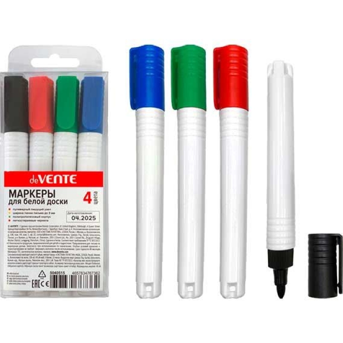 Набор маркеров для белой доски (04 цв - зел, красн, син, черн), круглый корпус, колпачок с клипом,