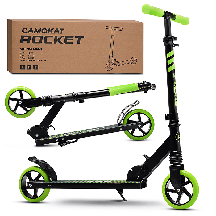 Самокат детский R0201 ROCKET, алюминиевый, колеса PU, 145 мм, зелёный в пакете
