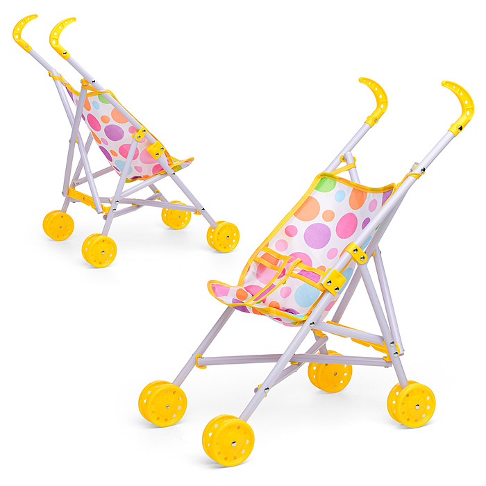 Коляска кукольная CS7878S (трость, складная, цвет жёлтый, с принтом) в пакете