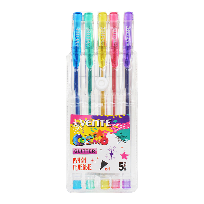 Набор ручек гелевых 5 цв. с блестками "Cosmo Glitter" d=1 мм, прозрачный корпус с мета