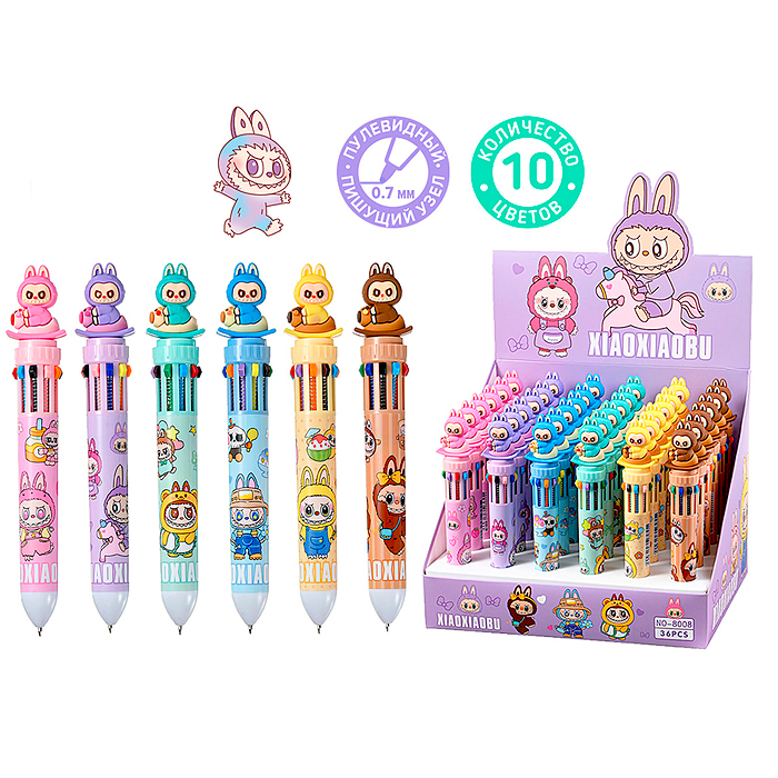 Ручка шариковая автоматическая "Зубастик" 10 цветная, пулевидный пиш.узел 0.7мм, 