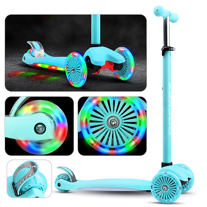 Самокат 3-х колесный ROCKET,колеса PU со светом, ABEC 7, бирюзовый в пакете
