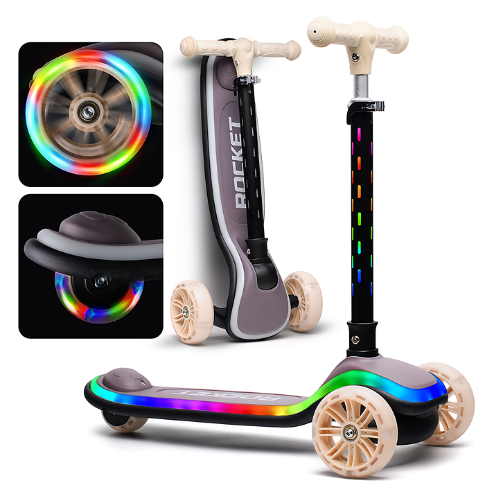 Самокат трёхколёсный R0200 ROCKET светящиеся колеса PU, дека, рулевая стойка, цвет серый в пакете