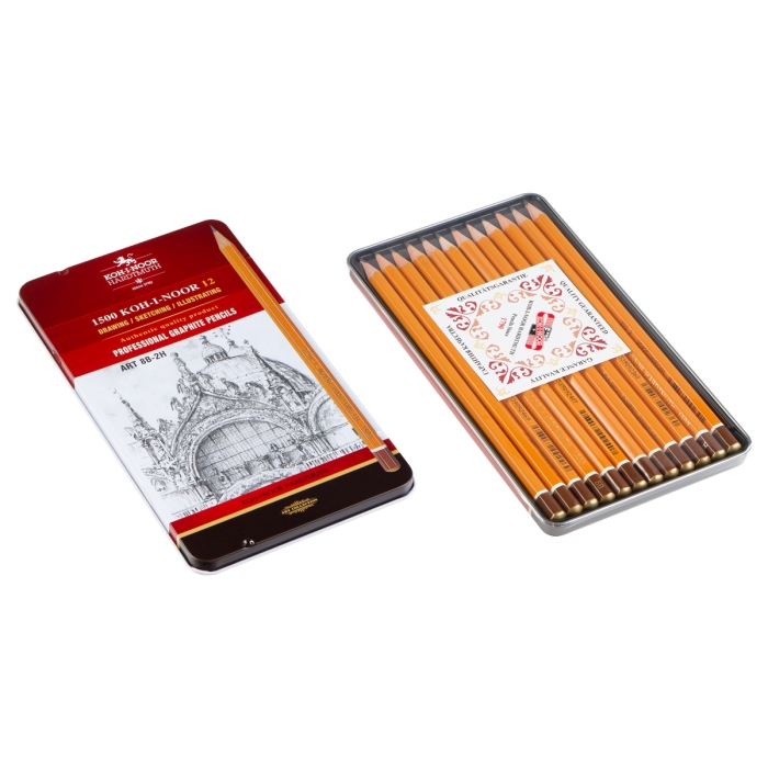 Набор карандашей ч/г "1500 Art" 12шт., 8B-2H, заточен., метал. пенал 