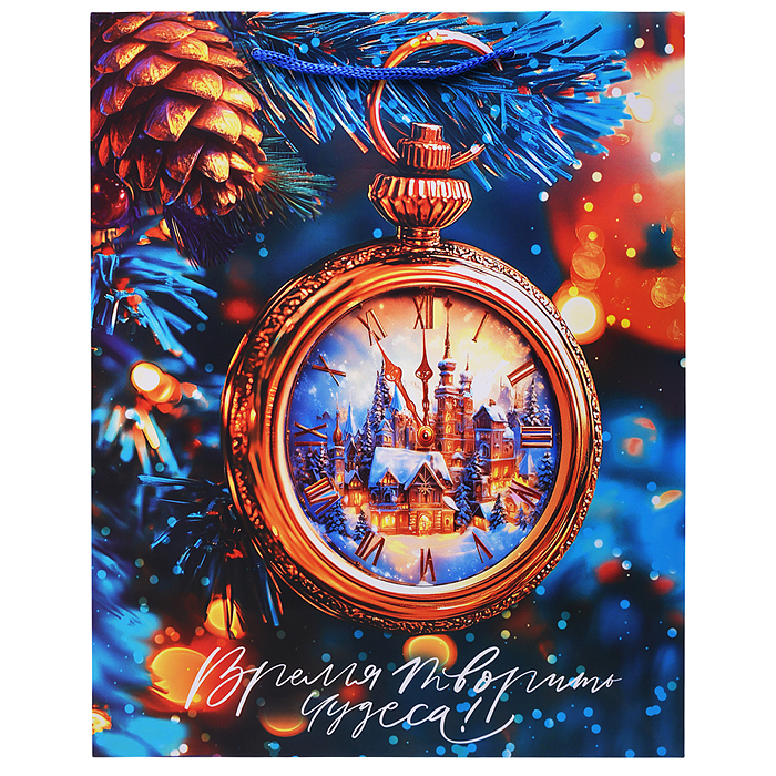 Бумажный пакет для сувенирной продукции с ламинацией, с шириной основания 26 cм.