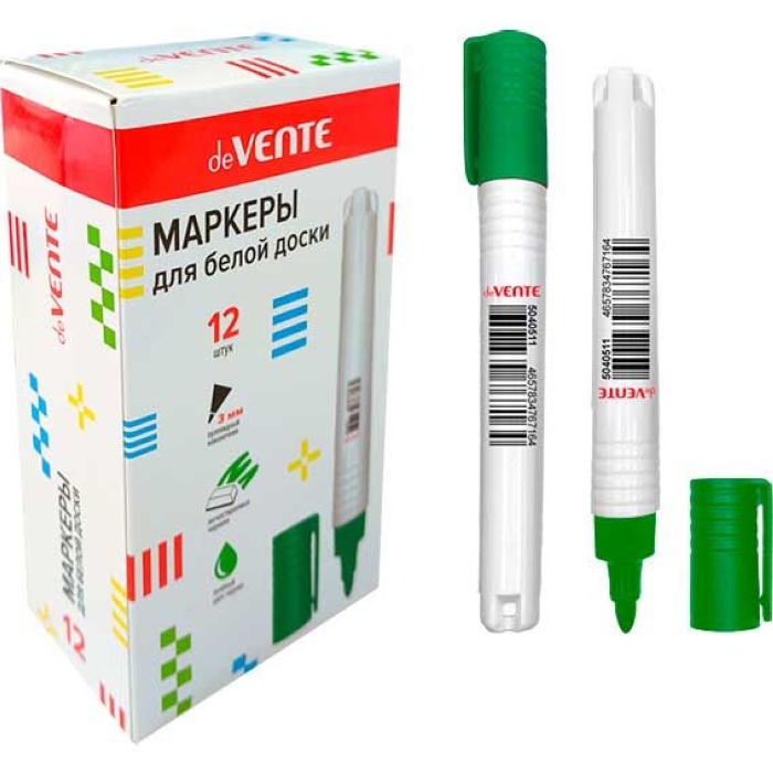 Маркер для белой доски зеленый (пулевидный наконечник), круглый корпус, колпачок с клипом, 3 мм