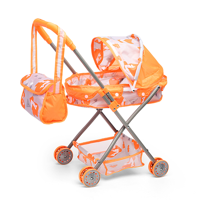Коляска кукольная CS7916G (металлическая, с капюшоном, сумкой и корзинкой, цвет оранжевый, с принтом