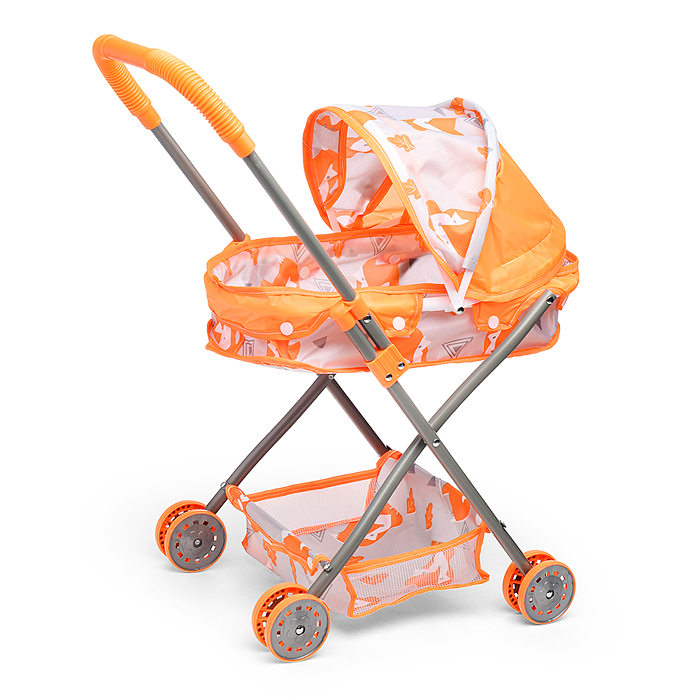Коляска кукольная CS7916G (металлическая, с капюшоном, сумкой и корзинкой, цвет оранжевый, с принтом