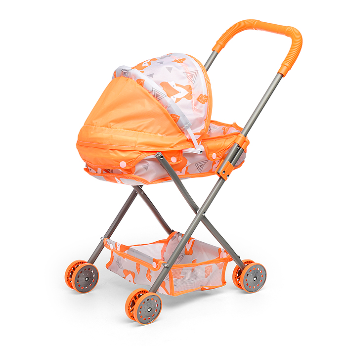 Коляска кукольная CS7916G (металлическая, с капюшоном, сумкой и корзинкой, цвет оранжевый, с принтом