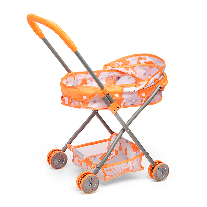 Коляска кукольная CS7916G (металлическая, с капюшоном, сумкой и корзинкой, цвет оранжевый, с принтом