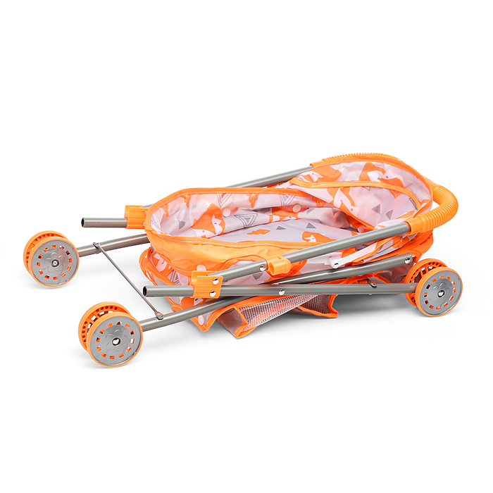 Коляска кукольная CS7916G (металлическая, с капюшоном, сумкой и корзинкой, цвет оранжевый, с принтом