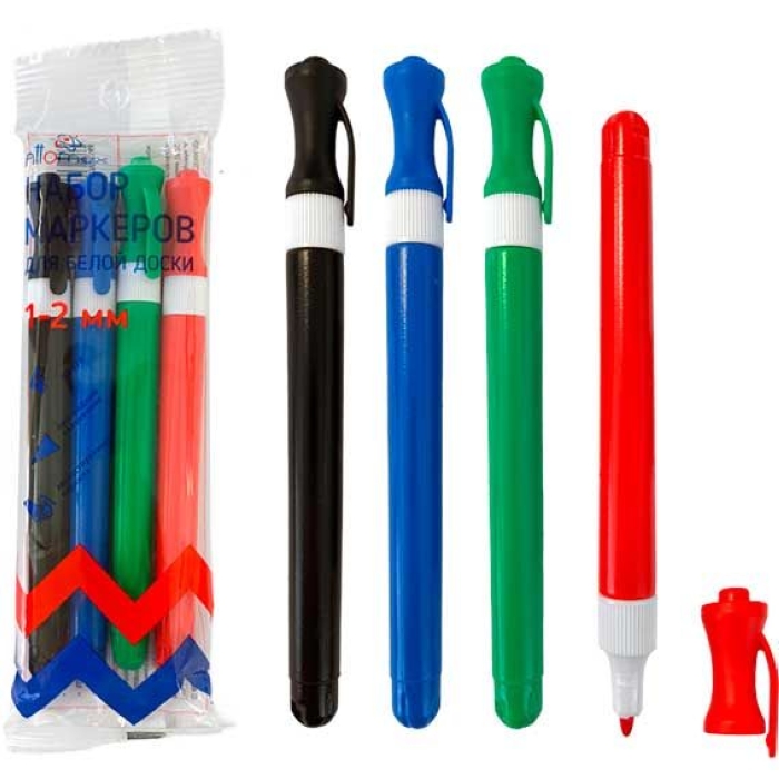 Набор маркеров для белой доски "Ergonomy" (04 цв - зел, красн, син, черн) круглый корпус, 2мм