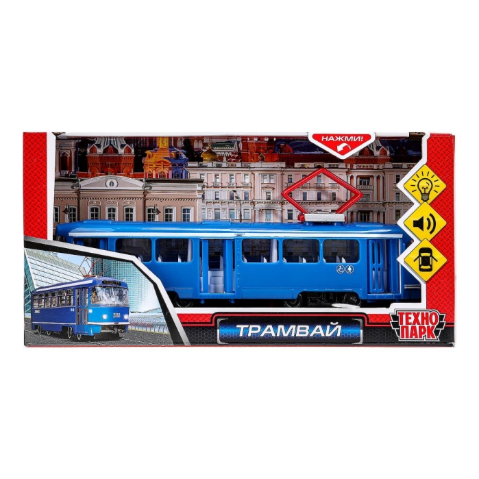 Модель пластик Трамвай 24 см. (свет-звук , двери, синий) в коробке 