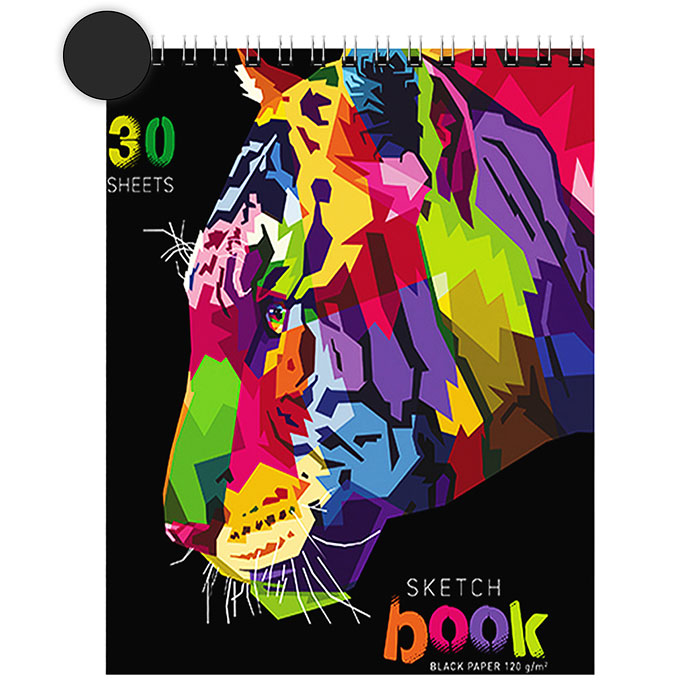 Скетчбук 30л. А5 гребень S, Тигр в цвете (бумага чёрная 120 г/кв.м) премиум 