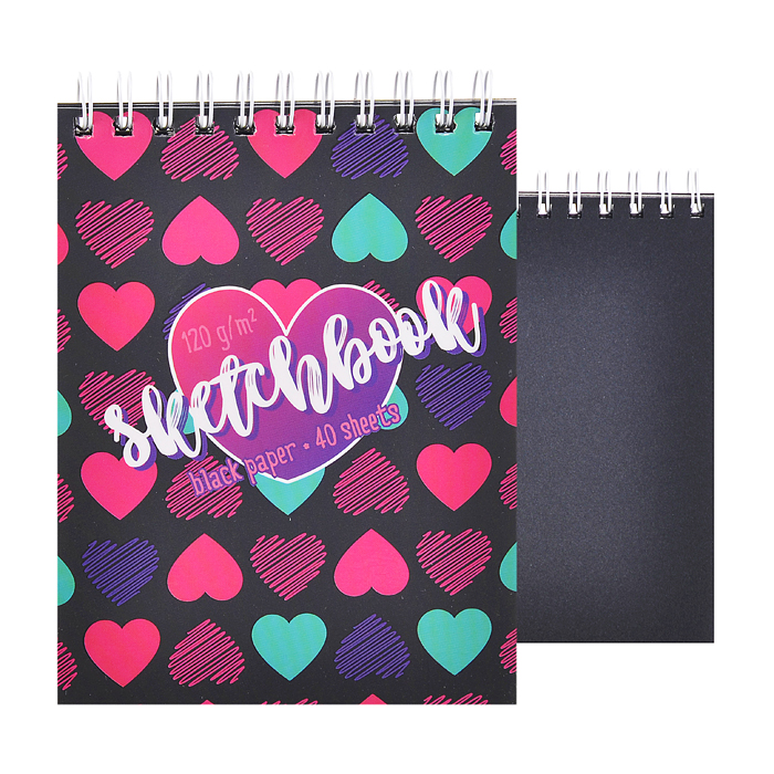 Скетчбук 40л. А6 гребень S Сердечки (бумага чёрная 120 г/кв.м ) Премиум 