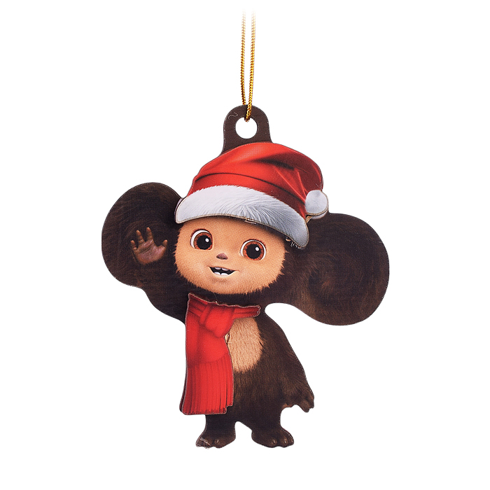 Новогодняя ёлочная подвеска из дерева двухслойная "Чебурашка в шарфике" 9х7,5см 