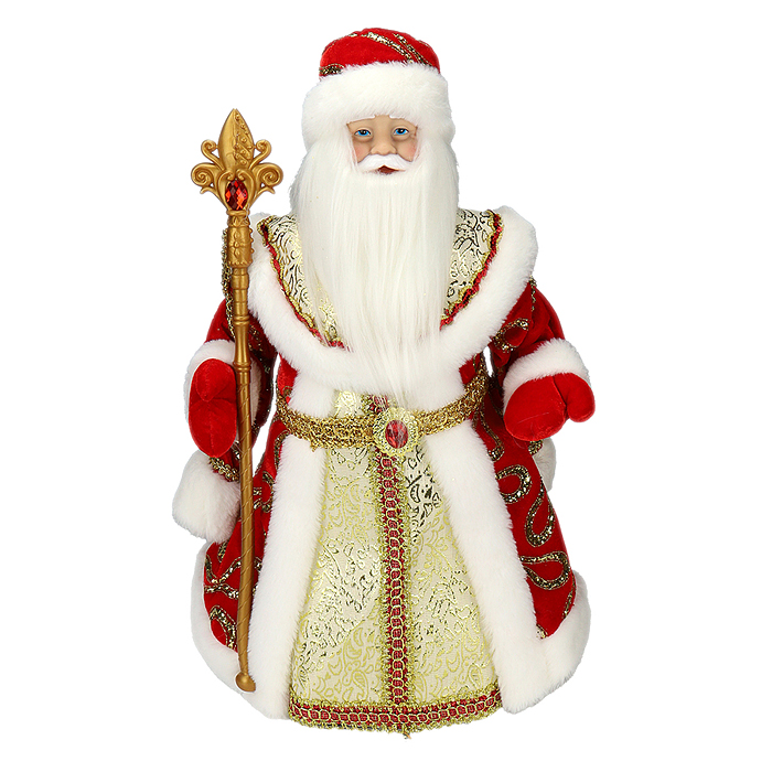 Фото к товару Сувенир Дед Мороз в красной шубе с пайетками и белым мехом, 40см. Сувенир Дед Мороз в красной шубе с пайетками и белым мехом, 40см.