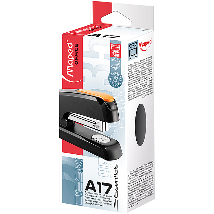 Степлер настольный на 20-25 листов "Essentials" 24/6-26/6, черный с оранжевым 