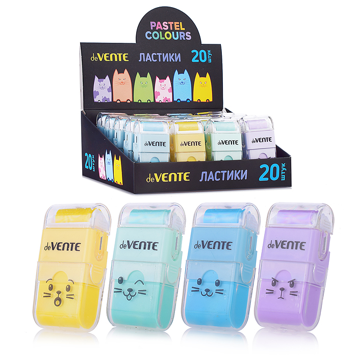 Ластик "Kitty" синтетический (ECO-PVC), ассорти 4 цвета, с роликом для сбора крошек, 58x28x