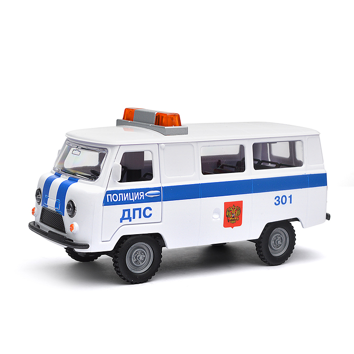 Фото к товару Машина пластик свет-звук UAZ 452 полиция, 18 см, двери, багажник Машина пластик свет-звук UAZ 452 полиция, 18 см, двери, багажник