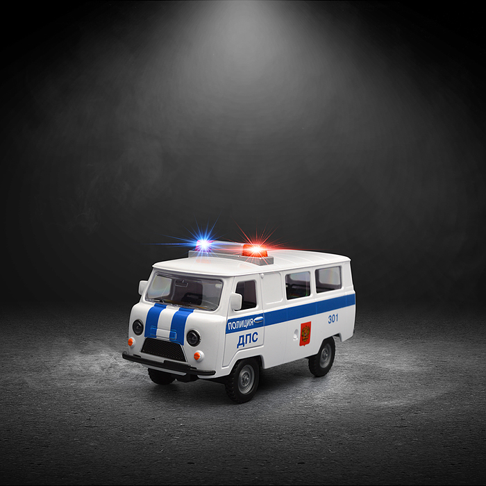 Фото к товару Машина пластик свет-звук UAZ 452 полиция, 18 см, двери, багажник Машина пластик свет-звук UAZ 452 полиция, 18 см, двери, багажник
