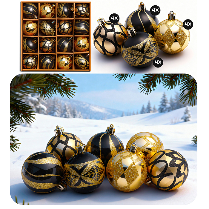 Набор новогодних украшений S2621 (золото с чёрным, 6см) Набор новогодних украшений S2621 (золото с чёрным, 6см)