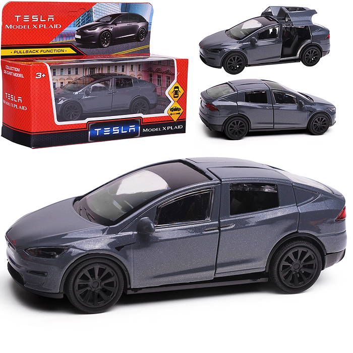 Машина металл. Tesla model x plaid 12 см, двери, серебр, в коробке 