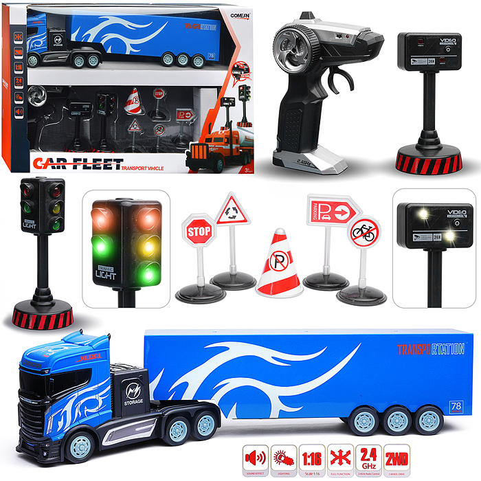 Машина GM1924 "Контейнеровоз" с дорожными знаками (синий) р/у, 27 MHz, в коробке