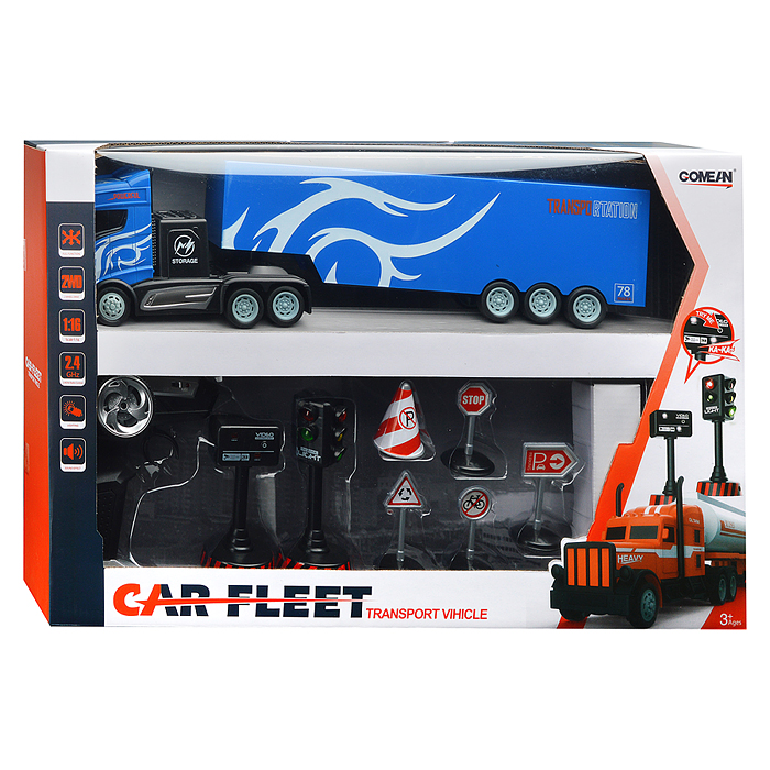 Машина GM1924 "Контейнеровоз" с дорожными знаками (синий) р/у, 27 MHz, в коробке