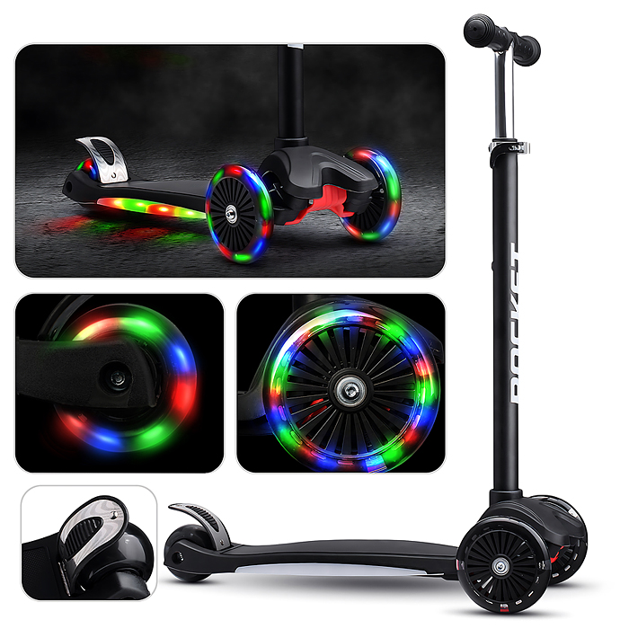 Самокат 3-х колесный ROCKET,колеса PU со светом, ABEC 7, черный