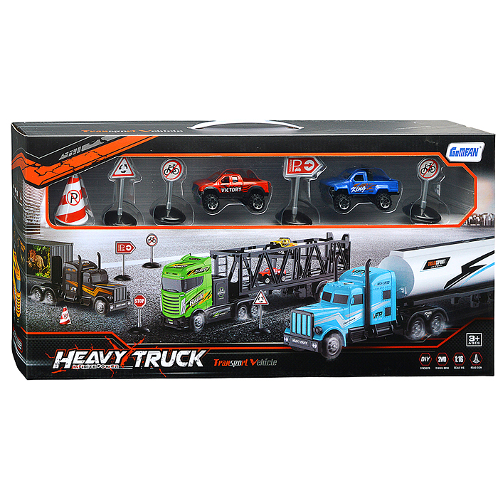 Набор машин 2002 "Контейнеровоз "Динозавры" с машинками и дорожными знаками, в коробке